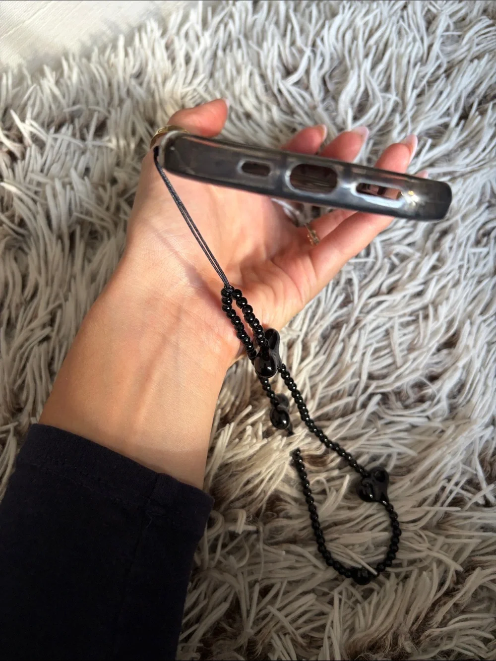 Transparent Black Floral iPhone 13 Case with Heart Chain Strap